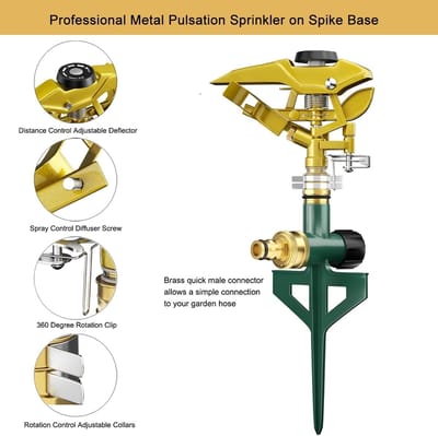 Heavy Duty pulserende gazonsproeier op spike-basis, metalen slagsproeier met verstelbaar sproeipatroon voor optimale irrigatie van gazon en tuin, duurzaam en efficiënt