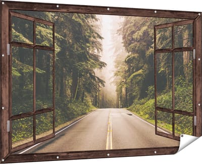 Gards Tuinposter Doorkijk Highway in Californië Omring met Bos - 180x120 cm - Tuindoek - Tuindecoratie - Wanddecoratie buiten - Tuinschilderij