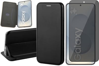 Hoesje geschikt voor Samsung Galaxy S25 - Privacy Screenprotector Volledig Dekkend Glas - Wallet Book Case Zwart
