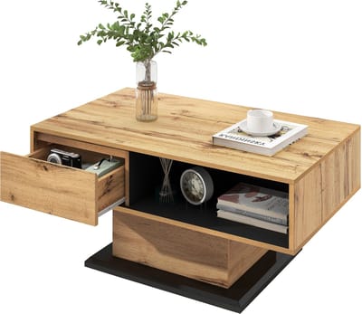 Salontafel - Houtlook - Bijzettafel met Griffeloze Lade - Staufach en Achterlade - Dubbelsidig Opbergruimte - MDF - Bruin