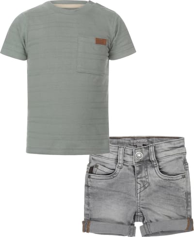 Koko Noko - Kledingset - 2delig - Short Jeans grijs - Shirt Dusty Green - Maat 122