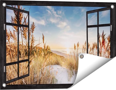 Gards Tuinposter Doorkijk Strand en Zee vanuit Duinen met Zonsondergang - 60x40 cm - Tuindoek - Tuindecoratie - Wanddecoratie buiten - Tuinschilderij