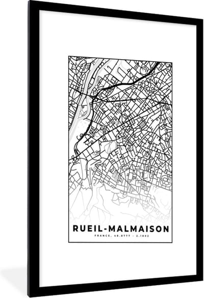 Fotolijst incl. Poster Zwart Wit- Frankrijk - Kaart - Plattegrond - Stadskaart - Rueil-Malmaison - Zwart wit - 60x90 cm - Posterlijst
