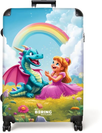 NoBoringSuitcases.com® - Koffer groot - Reiskoffer lichtgewicht - Prinses en dino in een kleurrijke wereld - Rolkoffer met 4 wielen - Grote trolley XL - 98 liter bagage