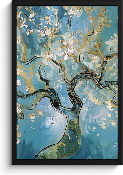 Poster in lijst - Fotolijst 40x60 cm - Posters - Amandelbloesem boom - Blauw - Abstract - Posterlijst zwart - Decoratie - Wanddecoratie woonkamer - Muurdecoratie slaapkamer