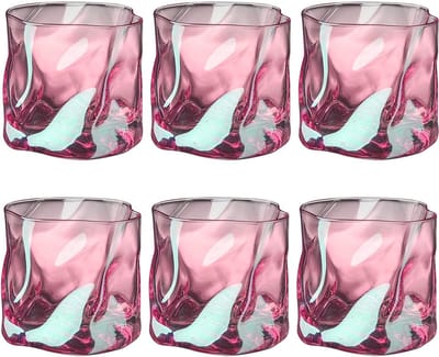 Glazen set van 6 stuks, 200 ml - onregelmatig kristal whiskyglazen - drinkglazen ijskoffieglazen cocktailglazen longdrinkglazen water thee koffie sap - vaatwasmachinebestendig (roze)