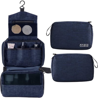 Trousse de toilette Portable avec crochet suspendu, sac de voyage pour articles de toilette, trousse à cosmétiques résistante à l'eau bleu marine