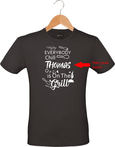 Mijncadeautje - Barbecue T-shirt - unisex - zwart - BBQ - Garden party - Tuinfeest - Vrijgezel - Verjaardag - Everybody Chill - met voornaam - maat S