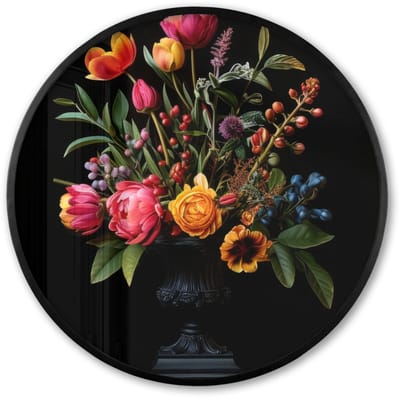 Poster in lijst Rond - Fotolijst 60x60 cm - Posters - Tulpen - Bessen - Boeket - Vaas - Ronde posterlijst zwart - Decoratie - Wanddecoratie woonkamer - Muurdecoratie slaapkamer