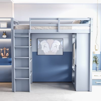 VVBV Ruimtebesparende Hoogslaper 90x200 cm met Voor Kinderen/Tieners, Planken - Opbergruimte - Grijs