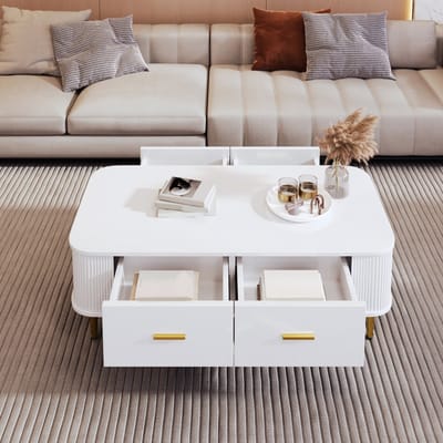 Salontafel met 4 Lades - Witte Salontafel met Lades - MDF Salontafel Wit - Gouden Poten - 105x51x38 cm