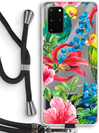 Case Company® - Hoesje met koord geschikt voor Samsung Galaxy S20 Plus hoesje met Koord - Papegaaien - Telefoonhoesje met Zwart Koord - Bescherming aan alle Kanten en Over de Schermrand