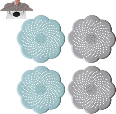 Set van 4 Silicone Haarvangers voor Douche met Zuignappen, Universele Afvoerfilter voor Bad en Wastafel, Effectieve Haarverzameling en Afvoerbescherming (Blauw, Grijs)