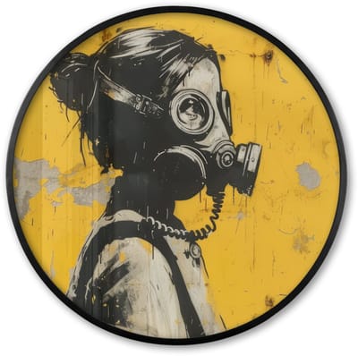 Poster in lijst Rond - Fotolijst 60x60 cm - Posters - Street art - Meisje - Geel - Banksy Style - Ronde posterlijst zwart - Decoratie - Wanddecoratie woonkamer - Muurdecoratie slaapkamer