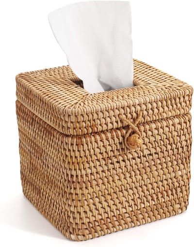 1 stuk - Tissuebox - Vierkant - Houten rotan vlechtwerk - Retro design - Geschikt voor bureaus, woonkamers en eetkamers - Met deksel - 15 cm x 15 cm - Natuurlijke kleur
