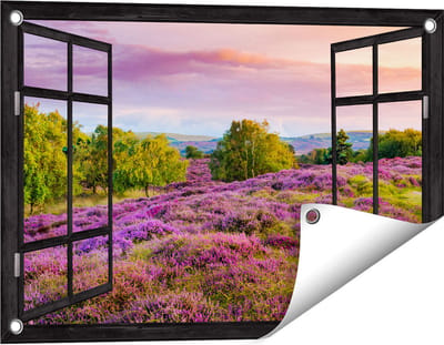 Gards Tuinposter Doorkijk Paarse Weide - 60x40 cm - Tuindoek - Tuindecoratie - Wanddecoratie buiten - Tuinschilderij