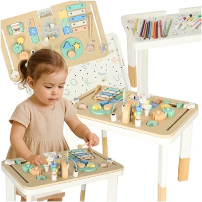 Playos® - 2 in 1 Activiteitentafel - Pastelkleuren - Blauw / Groen - 47.5 cm x 29.5 cm x 37 cm - Activity Center - Speeltafel Baby - Motorische en Cognitieve Ontwikkeling - Xylofoon - Vormsorteerder - Kralenspiraal