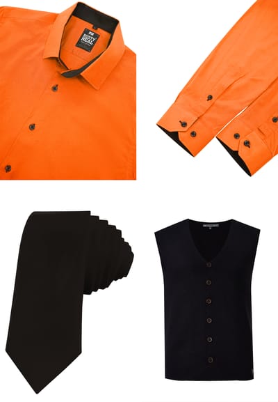 Driedelig pak met overhemd, vest en stropdas