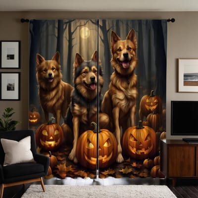 Rideau de chien loup Jack-o'-lantern Halloween au clair de lune HD 2 pièces Rideau imprimé numériquement à cravate noire Style de décoration pour la maison Decoratio W52H63inchW132H160cm brown