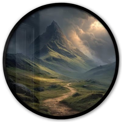 Poster in lijst Rond - Fotolijst 40x40 cm - Posters - Bergen - Kronkelpad - Groen - Wolken - Ronde posterlijst zwart - Decoratie - Wanddecoratie woonkamer - Muurdecoratie slaapkamer