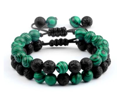 EmmyRovi Kralenarmband Set Zwart Groen – 2 Armbanden – Verstelbare Armband met Lava-Look en Groene Marmer-Look Kralen – Stoere Sieraden Set voor Hem en Haar