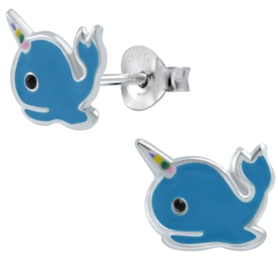 Joy|S - Zilveren unicorn walvis oorbellen - 8 x 7 mm - blauw