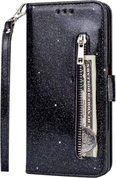 Portemonnee Hoesje - Wallet Case - Rits Sparkly Glitter - Telefoonhoes met Kord Geschikt voor: Samsung Galaxy M31S - Zwart