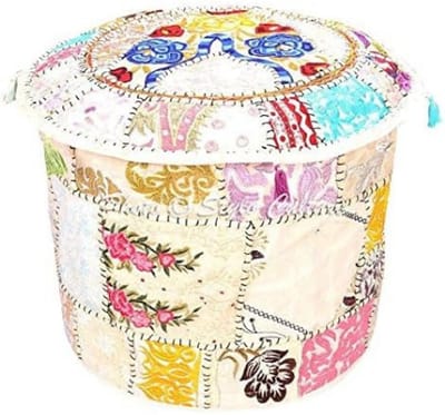 Voetkruk en poefhoes Ottomaanse poefstoel Wit Etnische geborduurd patchwork katoen Traditionele ronde stof Poef Ottomaanse hoes (16x16x13 inch) 40cm (ALLEEN COVER)