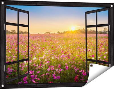 Gards Tuinposter Doorkijk Bloemenveld met Roze Kosmos - 90x60 cm - Tuindoek - Tuindecoratie - Wanddecoratie buiten - Tuinschilderij
