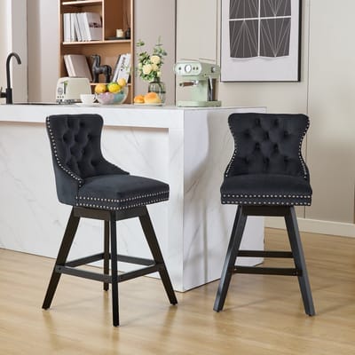 Sweiko Barkruk - Set van 2 - Draaibare stoelen - Houten poten - Velvet - Zwart
