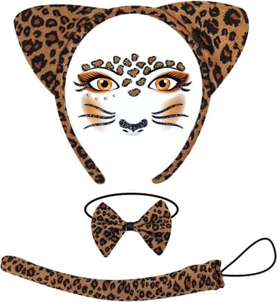 Leopard Print Oren Set met Gezichtstatoeages voor Vrouwen, Perfect voor Carnaval, Cosplay en Feestjes