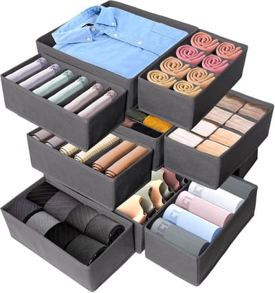 Famanu - Kledingkast Opbergsysteem Set 12 stuks, opvouwbare lade organizers voor ondergoed, stropdassen en kleding, stoffen vouwdozen voor lades, grijs