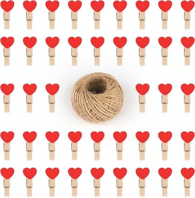 100 Rode Houten Foto Display Clips - Mini Houten Hart Pins van 3.5cm met 30M Jute Touw voor Creatieve Projecten, Bruiloften en Feesten