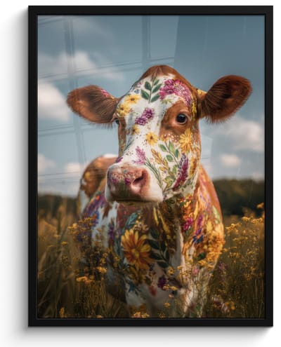 Poster in lijst - Fotolijst 60x80 cm - Posters - Koe - Bloemen - Weiland - Posterlijst zwart - Decoratie - Wanddecoratie woonkamer - Muurdecoratie slaapkamer