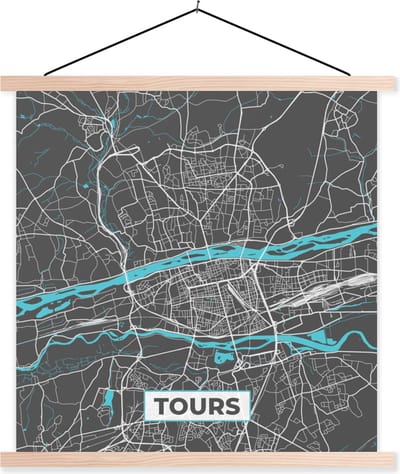 Posterhanger incl. Poster 40x40 cm - Schoolplaat - Tours - Kaart - Stadskaart - Plattegrond - Frankrijk - Textielposter - Blanke latten - Stadskaart