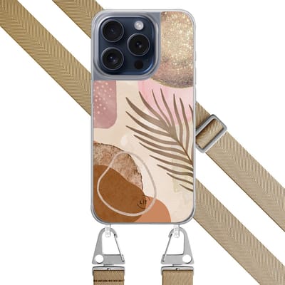 Hoesje met koord - Geschikt voor iPhone 15 Pro - Abstract blush shapes - Verstelbaar zwart koord - Roze, Beige - Print / Illustratie - Leuke Telefoonhoesjes