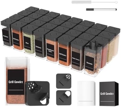 PromoHome Kruidenpotjes Set - 12 Vierkante Kruidenstrooiers 120ml - Luchtdichte Keukenorganizer met Deksels, Etiketten en Accessoires - Zwart