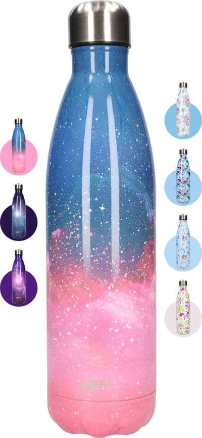 FBFS162 Thermosfles, Drinkfles, Waterfles - 750 ml - Thermos fles voor de warme en koude dagen - Dubbelwandig - Thermosbeker Koffie, thee en Koele dranken - Water fles voor onderweg - Roze Blauwe sterren - Pink Blue Stars