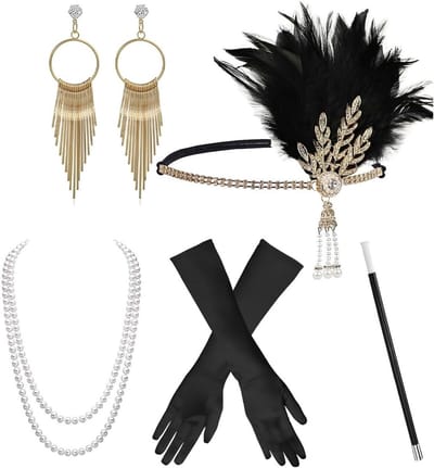 Accessoireset jaren 20 voor dames met verenband, oorbellen en lange handschoenen voor feesten en thema-avonden