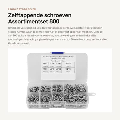 Dailygoods - Zelftappende schroeven - Assortimentset 800 stks - Ideaal voor elektronica - Multifunctionele schroeven - Geschikt voor diverse materialen