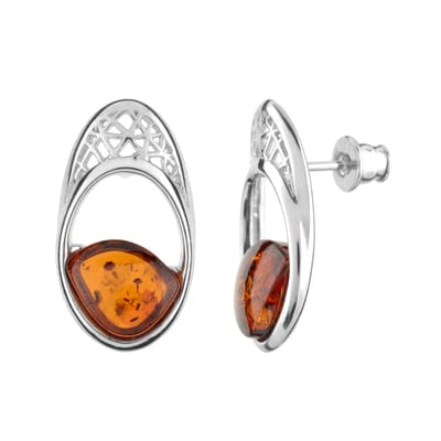 Cavill - Elegante Zilveren Oorbellen - 925 Sterling Zilver Gerhodineerd - Cognac Baltische Barnsteen 1 8 ct Fancy Cabochon Ovaal 22 mm