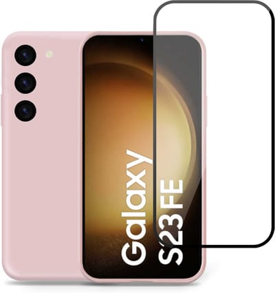 Geschikt voor Samsung Galaxy S23 FE - Hoesje + Screenprotector – Full Cover Gehard Glas – Suède Back Cover Case Rose