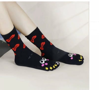 Dames Teensokken - teen sokken - toe socks - zwart - leuke print ogen - smile - strikken - 36 -40 - cadeau - sport - yoga - fitness - pilates - runner teen sokken - teenslipper sokken