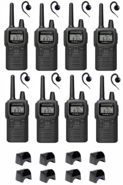 Set van 8 Kenwood PKT-300 ProTalk XLS IP52 PMR446 mini portofoons en C-ring oortje