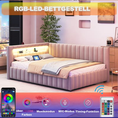 DESMIU Gestoffeerd Bed 140x200 Cm – L Vormig Slaapbankbed Met Ledverlichting En Usb Oplaadpoort – Met Rugleuning En Hoofdbord – Voor Woonkamer En Slaapkamer – Fluweel – Grijs – Zonder Matras