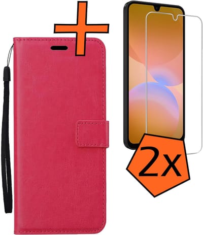 Hoes - Met 2x Screenprotector - Geschikt voor Samsung Galaxy A26 - Luxe Pasjeshouder - Bookcase Portemonee - Flip Case - Kunstleer Book Case - Flipcase Hoes - Book Cover - Walletcase - PortemonneeHoes - Donkerroze