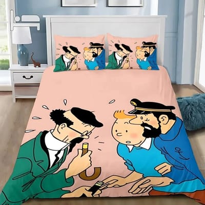 De Avonturen van Kuifje Beddengoed Set Volwassen Jongen Meisje Slaapkamer Decoratie Kinderen Cadeau Enkel Dubbel Groot Anime Dekbedovertrek Set (135x200cm)