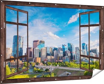 Gards Tuinposter Doorkijk Skyline Calgary Stad in Canada - 180x120 cm - Tuindoek - Tuindecoratie - Wanddecoratie buiten - Tuinschilderij