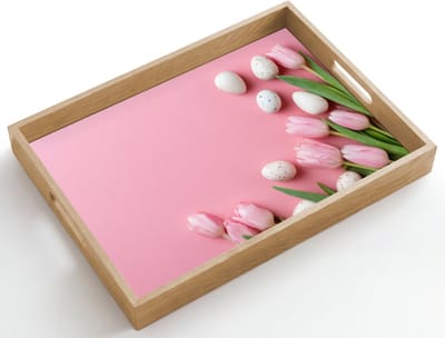 Dienblad hout 50x35 cm - Schootdienblad - Tulpen - Eieren - Roze - Pasen - Borrelplank rechthoek - Plateau dienbladen