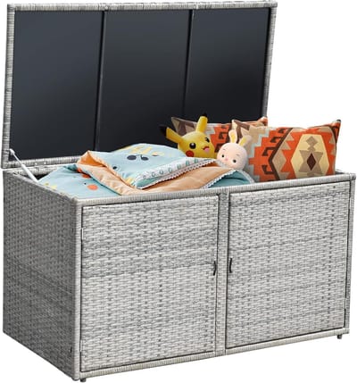 COSTWAY Opbergbox rotan, 333 liter, kussenbox met dubbele deuren, deksel en plank, tuinbox, kistbank, tuinbox, weerbestendig, voor terras, tuin, balkon, 115/215 x 60 x 65 cm (grijs)
